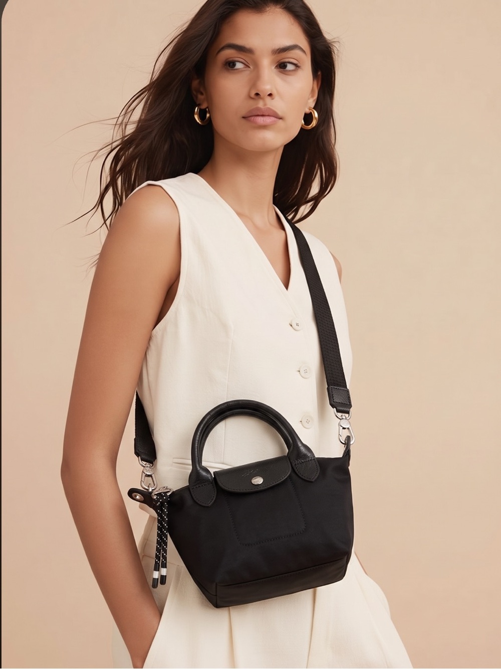 NWOT Longchamp Le Pliage Energy XS Top-Handle Mini Bag in Black Leather Trim.